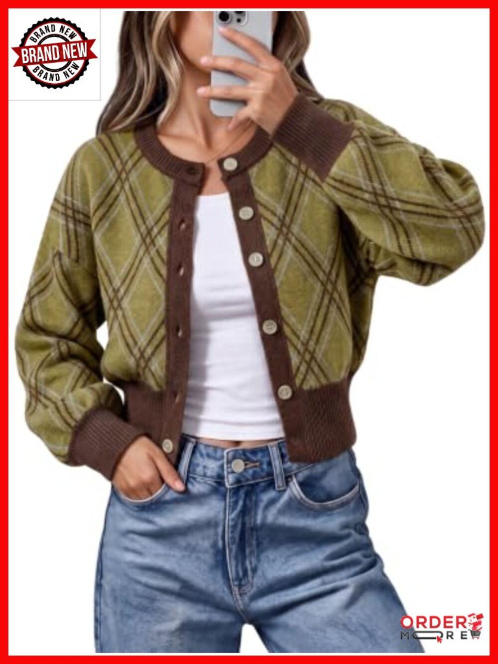 Cropped Argyle Plaid Cardigan Sweater Button Down Preppy